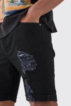 boohooMAN Skinny Stretch Distressed Denim Shorts In Black | UK| Shorts