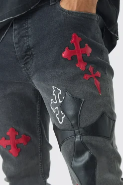 boohooMAN Skinny Stretch Flare Cross Applique Jeans | UK| Trousers|Jeans