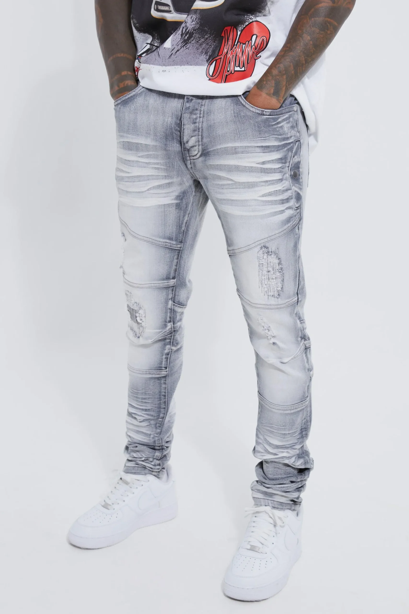boohooMAN Skinny Stretch Heavy Bleached Ripped Jean | UK| Jeans