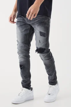 boohooMAN Skinny Stretch Rip & Repair Self Fabric Jeans | UK| Trousers|Jeans