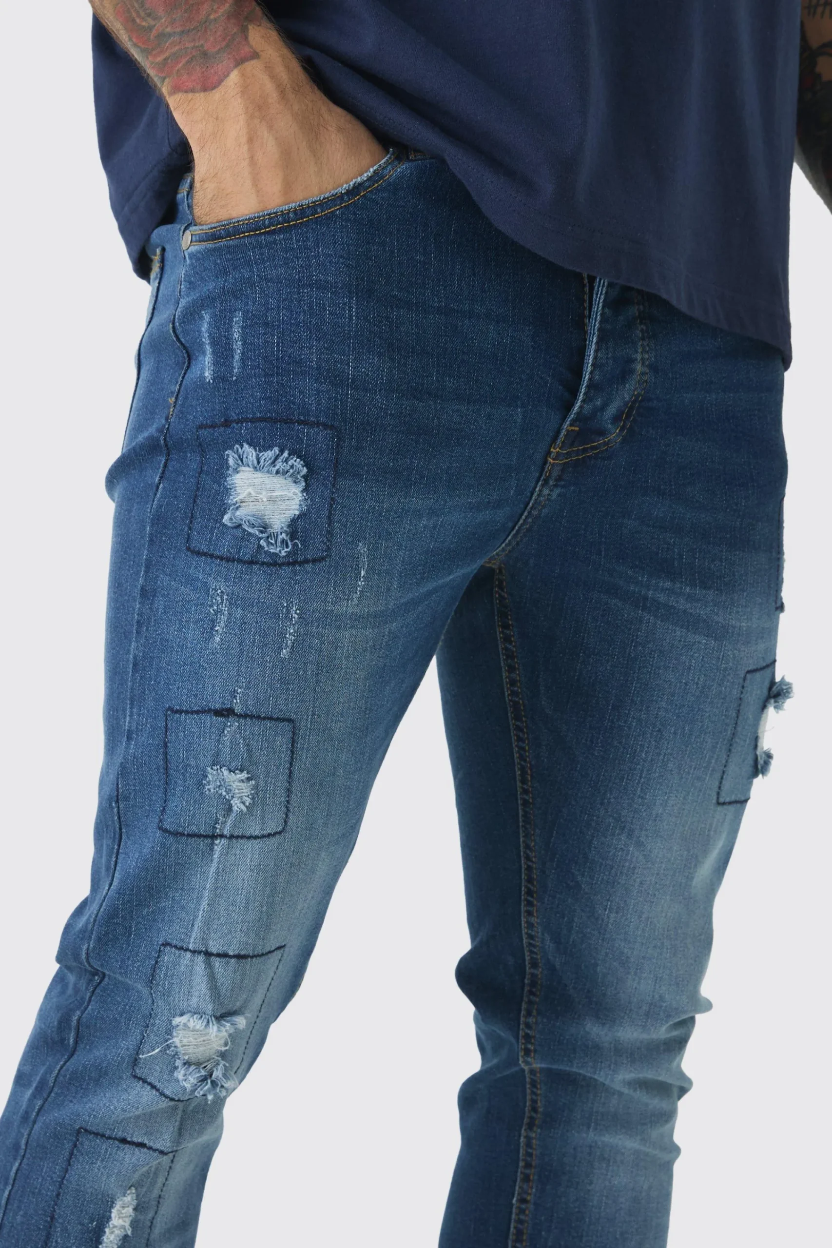 boohooMAN Skinny Stretch Rip & Repair Patchwork Jeans | UK| Trousers|Jeans