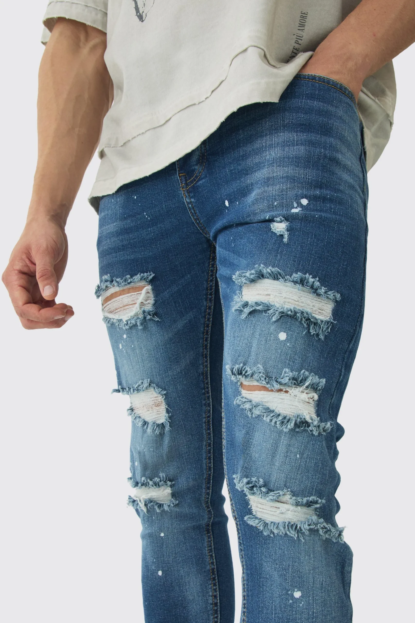 boohooMAN Skinny Stretch Rip & Repair Paint Splatter Jeans | UK| Trousers|Jeans