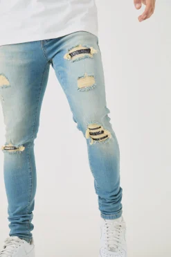 boohooMAN Skinny Stretch Ripped Bandana Jeans In | UK| Trousers|Jeans