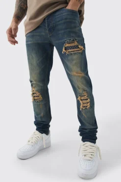 boohooMAN Skinny Stretch Stacked Bandana Rip & Repair Jeans | UK| Trousers|Jeans