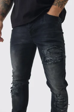 boohooMAN Skinny Stretch Stacked Biker Rip & Repair Jeans | UK| Trousers|Jeans