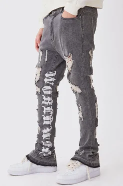 boohooMAN Skinny Stretch Stacked Distressed Embroidered Gusset Jeans | UK| Trousers|Jeans