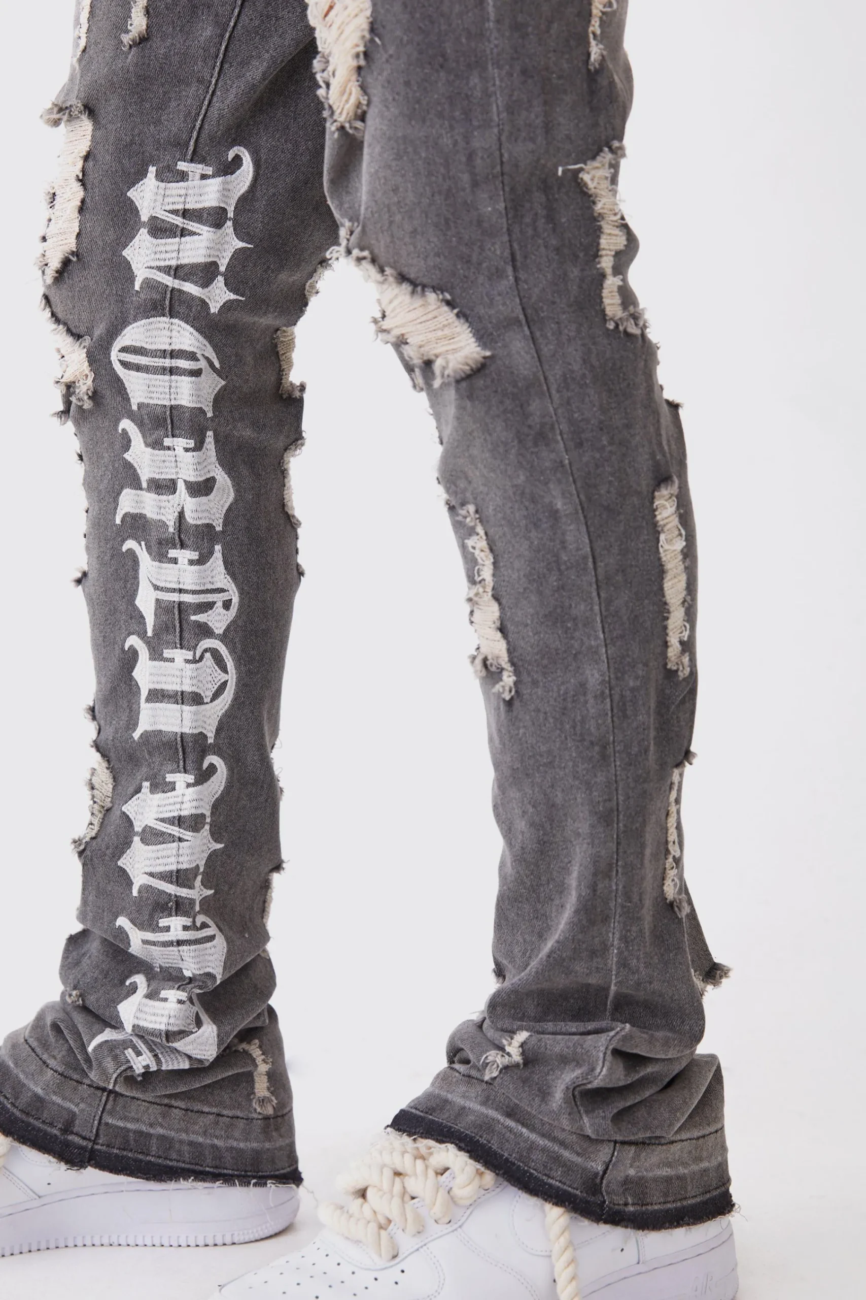 boohooMAN Skinny Stretch Stacked Distressed Embroidered Gusset Jeans | UK| Trousers|Jeans