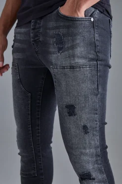 boohooMAN Skinny Stretch Stacked Ripped Carpenter Zip Hem Jeans In | UK| Trousers|Jeans