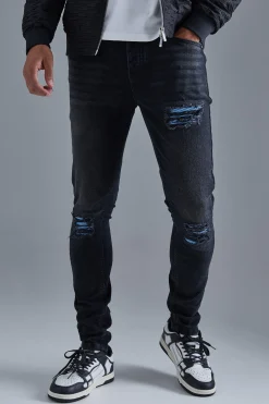 boohooMAN Skinny Stretch Pu Biker Rip & Repair Jeans | UK| Trousers|Jeans