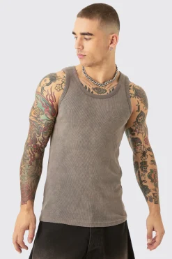 Slim Acid Washed Man Signature Ribbed Vest | UK^boohooMAN Online