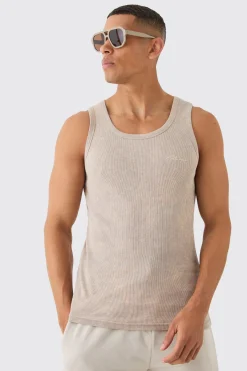Slim Acid Washed Man Signature Ribbed Vest | UK^boohooMAN Clearance