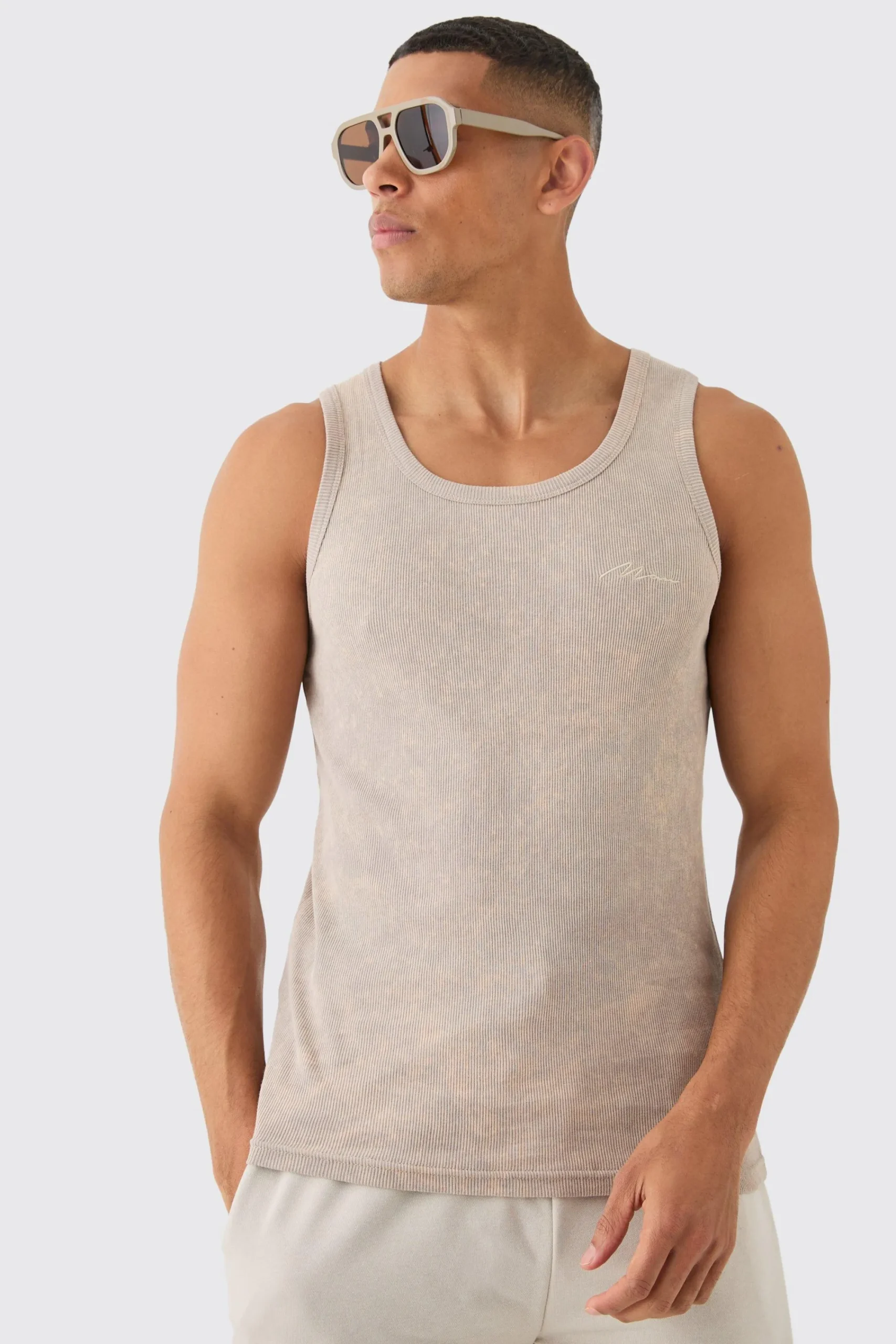 Slim Acid Washed Man Signature Ribbed Vest | UK^boohooMAN Clearance