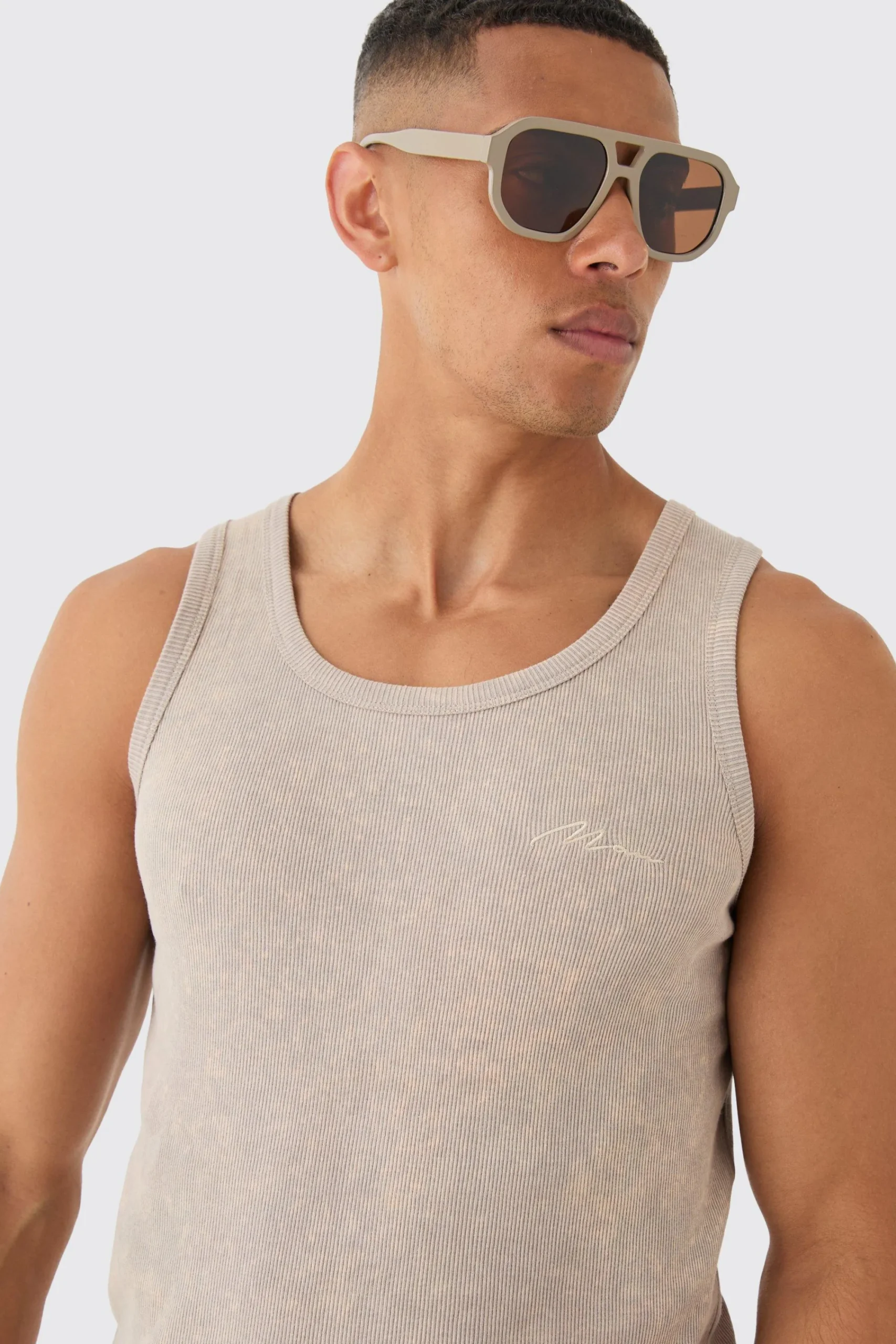 Slim Acid Washed Man Signature Ribbed Vest | UK^boohooMAN Clearance