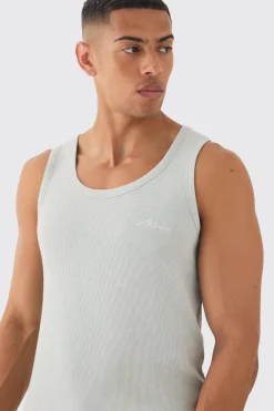 Slim Acid Washed Man Signature Ribbed Vest | UK^boohooMAN