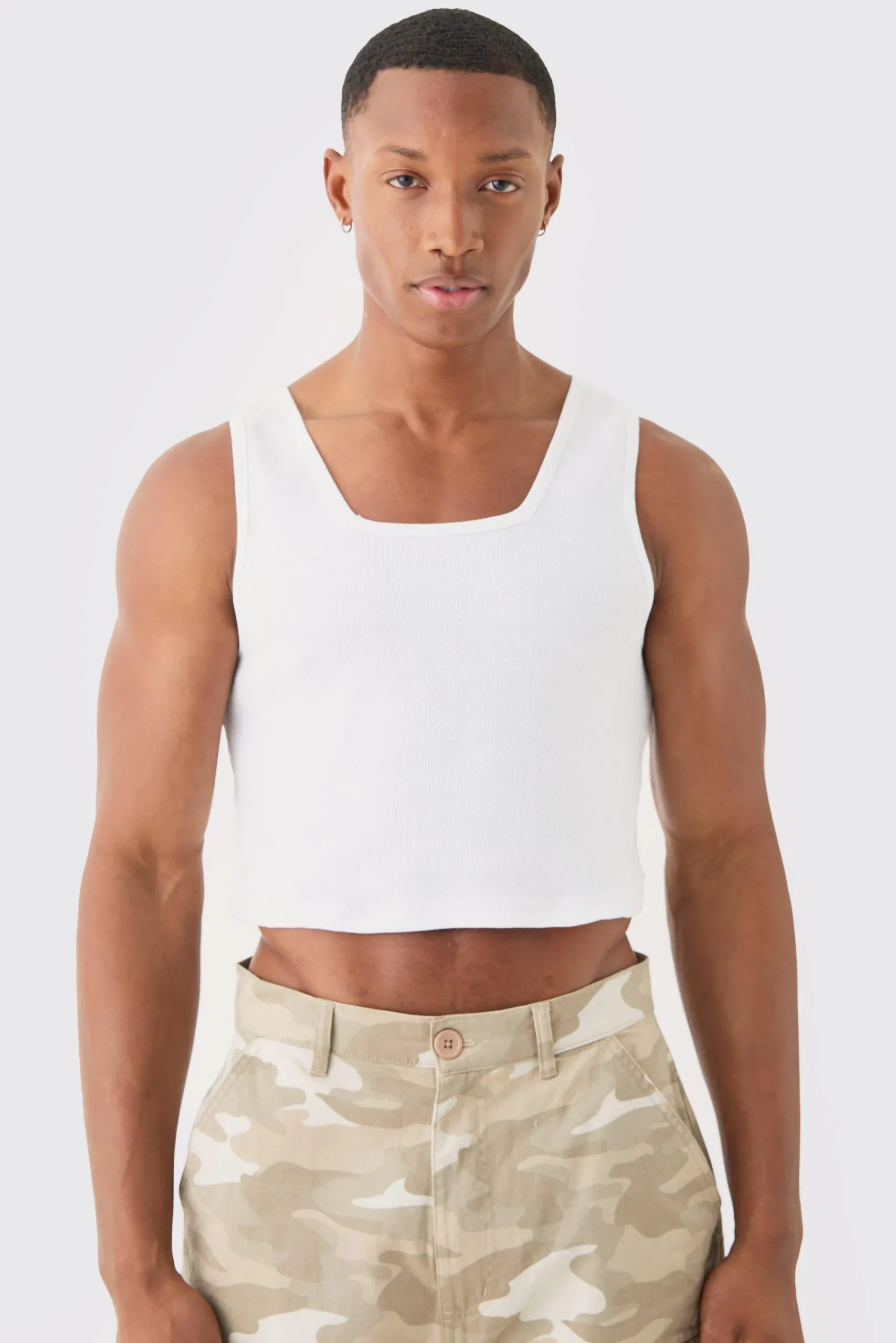 Slim Cropped Square Neck Interlock Vest | UK^boohooMAN Online