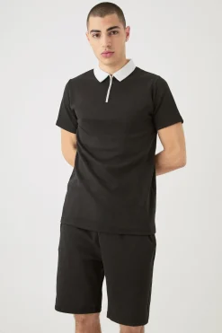 boohooMAN Slim Fit 1/4 Zip Polo And Short Set | UK| Tracksuits