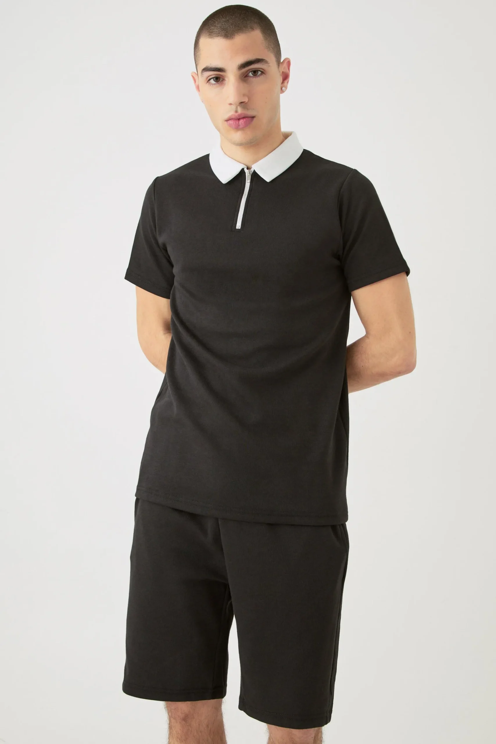boohooMAN Slim Fit 1/4 Zip Polo And Short Set | UK| Tracksuits