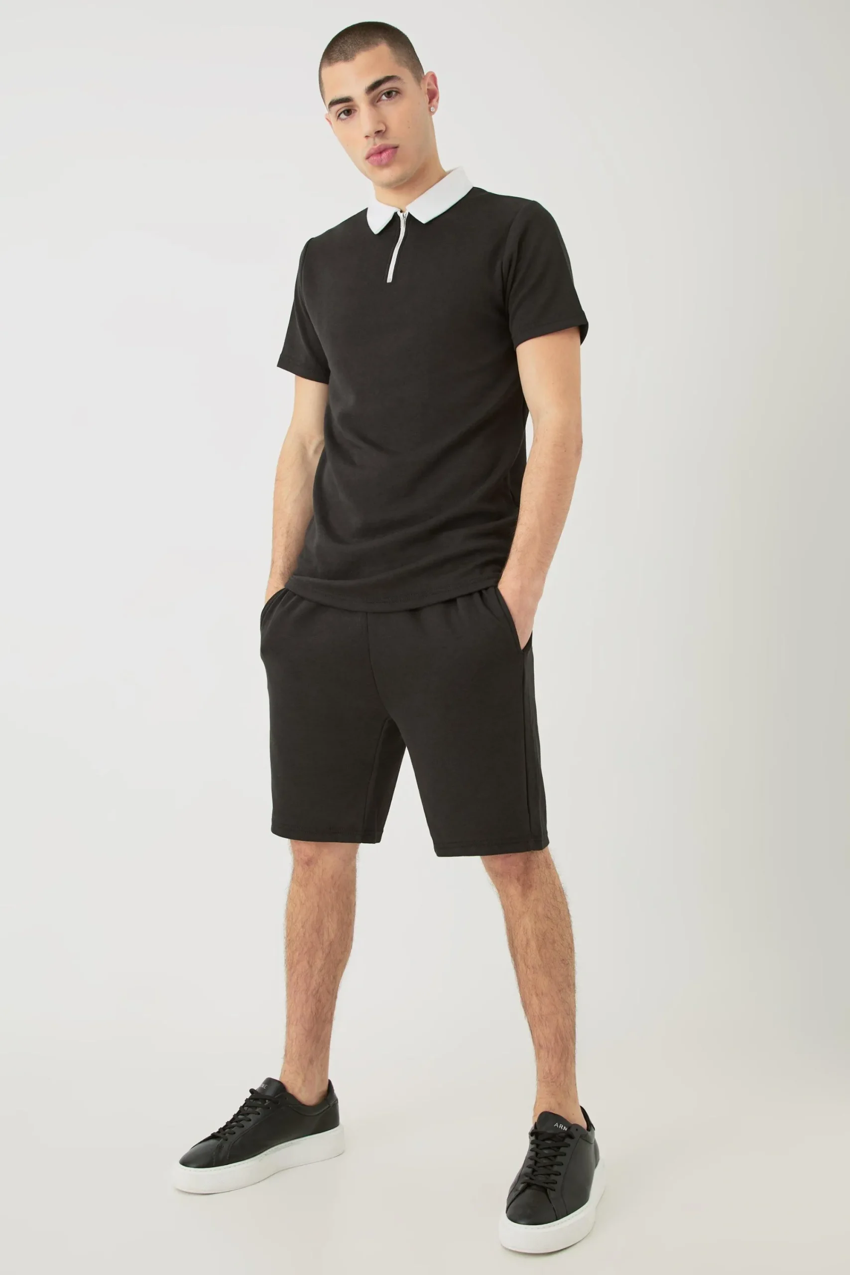 boohooMAN Slim Fit 1/4 Zip Polo And Short Set | UK| Tracksuits