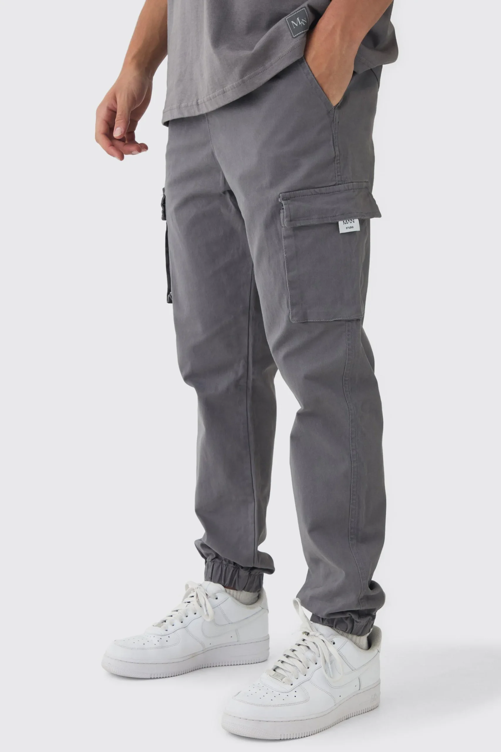 boohooMAN Slim Fit Elasticated Waist Woven Tab Cuffed Cargo Trousers | UK| Trousers|Cargos