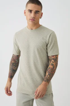 Slim Fit Geo Jacquard T-shirt | UK^boohooMAN Online