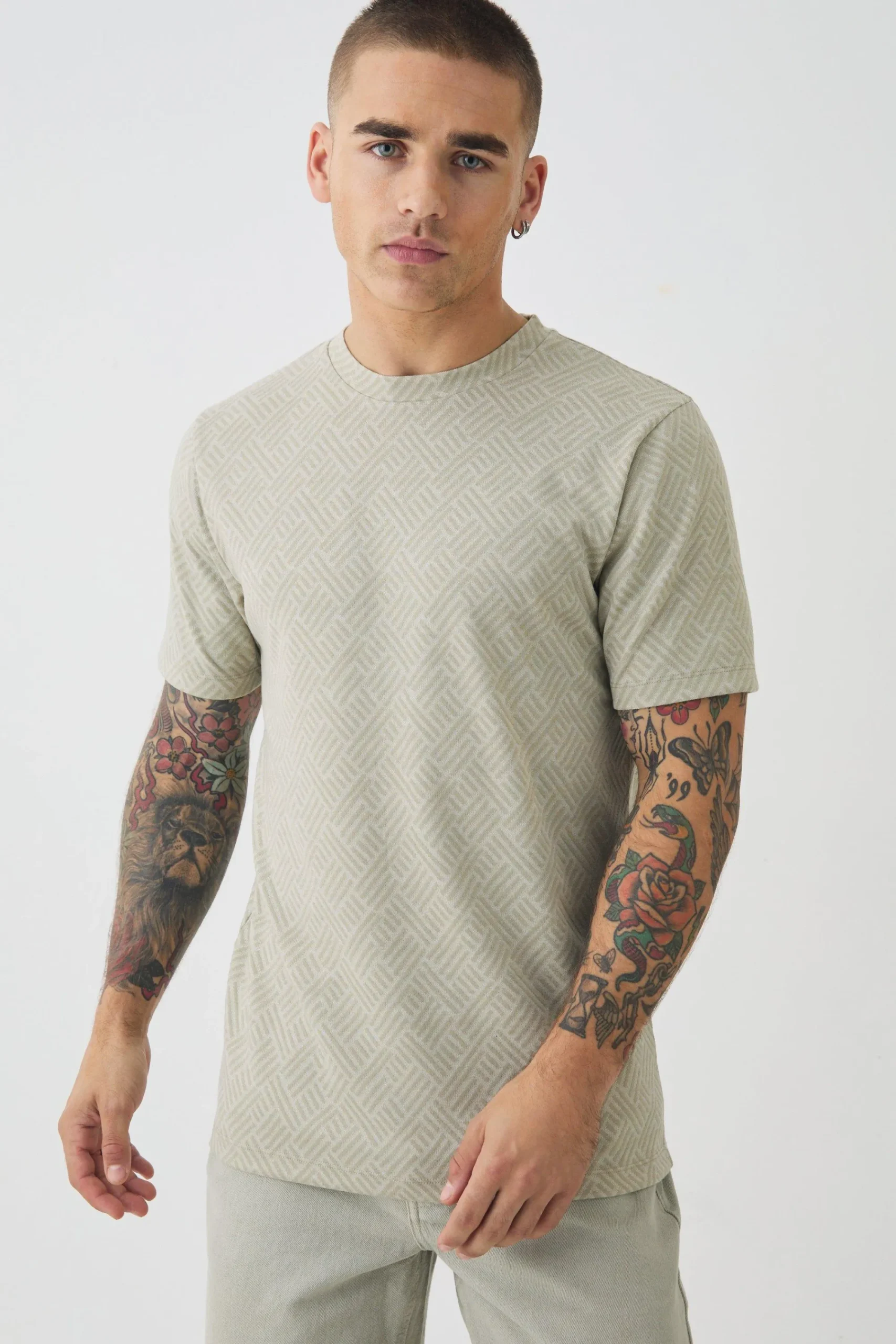 Slim Fit Geo Jacquard T-shirt | UK^boohooMAN Online