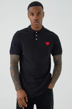 Slim Fit Heart Short Sleeve Pique Polo | UK^boohooMAN Outlet