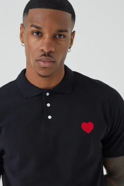 Slim Fit Heart Short Sleeve Pique Polo | UK^boohooMAN Outlet