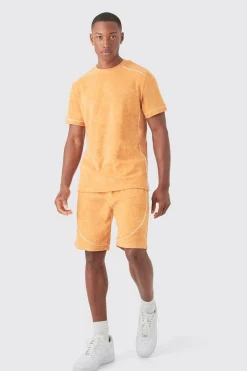 boohooMAN Slim Fit Towelling Piping T-shirt & Short Set | UK| Sets & Co-Ords|Tracksuits