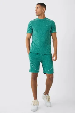 boohooMAN Slim Fit Towelling Piping T-shirt & Short Set | UK| Sets & Co-Ords|Tracksuits