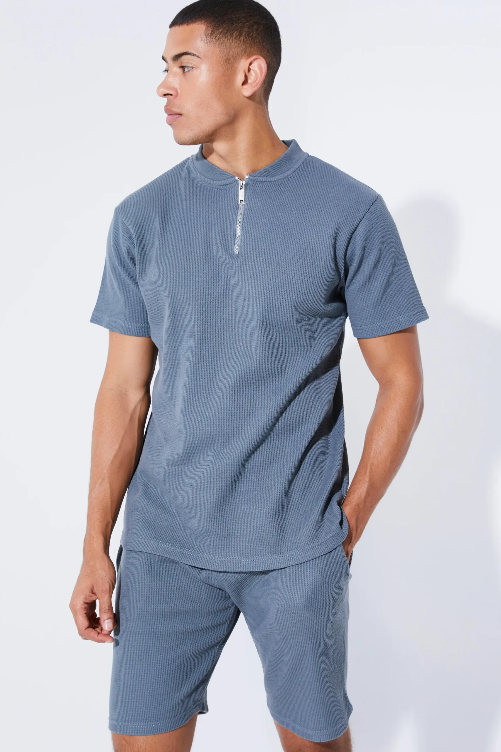 boohooMAN Slim Fit Waffle Bomber Neck Polo & Short Set | UK| Tracksuits