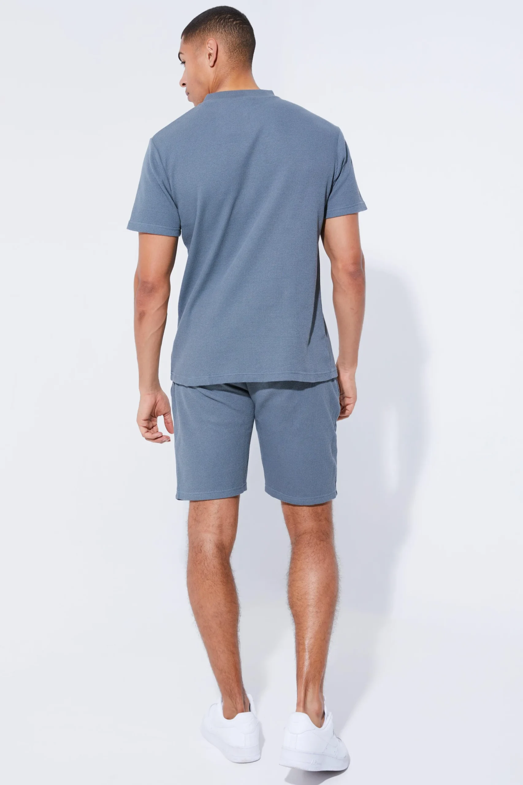 boohooMAN Slim Fit Waffle Bomber Neck Polo & Short Set | UK| Tracksuits