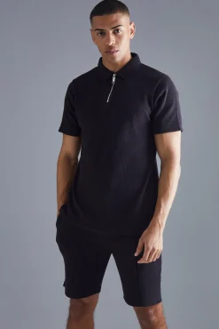 boohooMAN Slim Fit Waffle Polo & Short Set | UK| Tracksuits