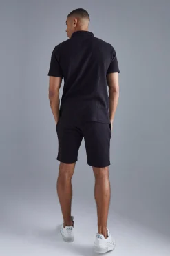 boohooMAN Slim Fit Waffle Polo & Short Set | UK| Tracksuits