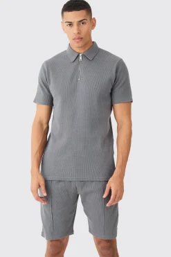 boohooMAN Slim Fit Waffle Polo & Short Set | UK| Tracksuits