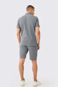 boohooMAN Slim Fit Waffle Polo & Short Set | UK| Tracksuits