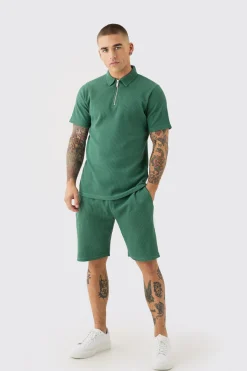 boohooMAN Slim Fit Waffle Polo & Short Set | UK| Tracksuits