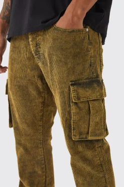boohooMAN Slim Flare Acid Wash Cargo Corduroy Trouser | UK| Trousers