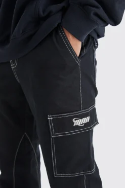 boohooMAN Slim Flare Gusset Contrast Stitch Cargo Trouser | UK| Trousers|Cargos
