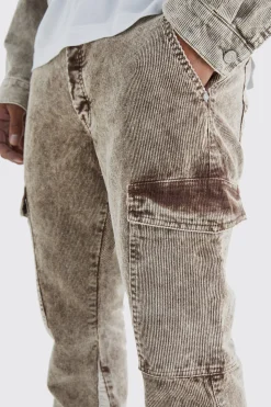 boohooMAN Slim Flare Gusset Corduroy Acid Wash Trouser | UK| Trousers
