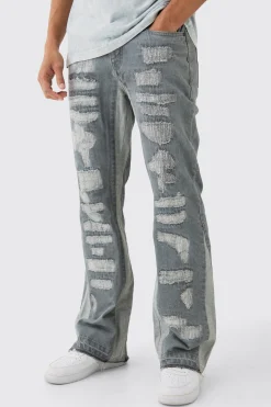boohooMAN Slim Flare Rigid All Over Rip & Repaired Jeans In Antique | UK| Trousers|Jeans
