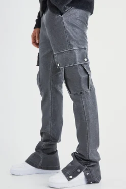 boohooMAN Slim Flare Washed Pu Cargo Popper Hem Trouser | UK| Trousers|Cargos