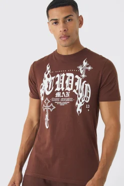Slim Gothic Cross Print T-Shirt | UK^boohooMAN Sale
