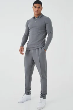 boohooMAN Slim Long Sleeve Jacquard Polo & Jogger Set | UK| Tracksuits