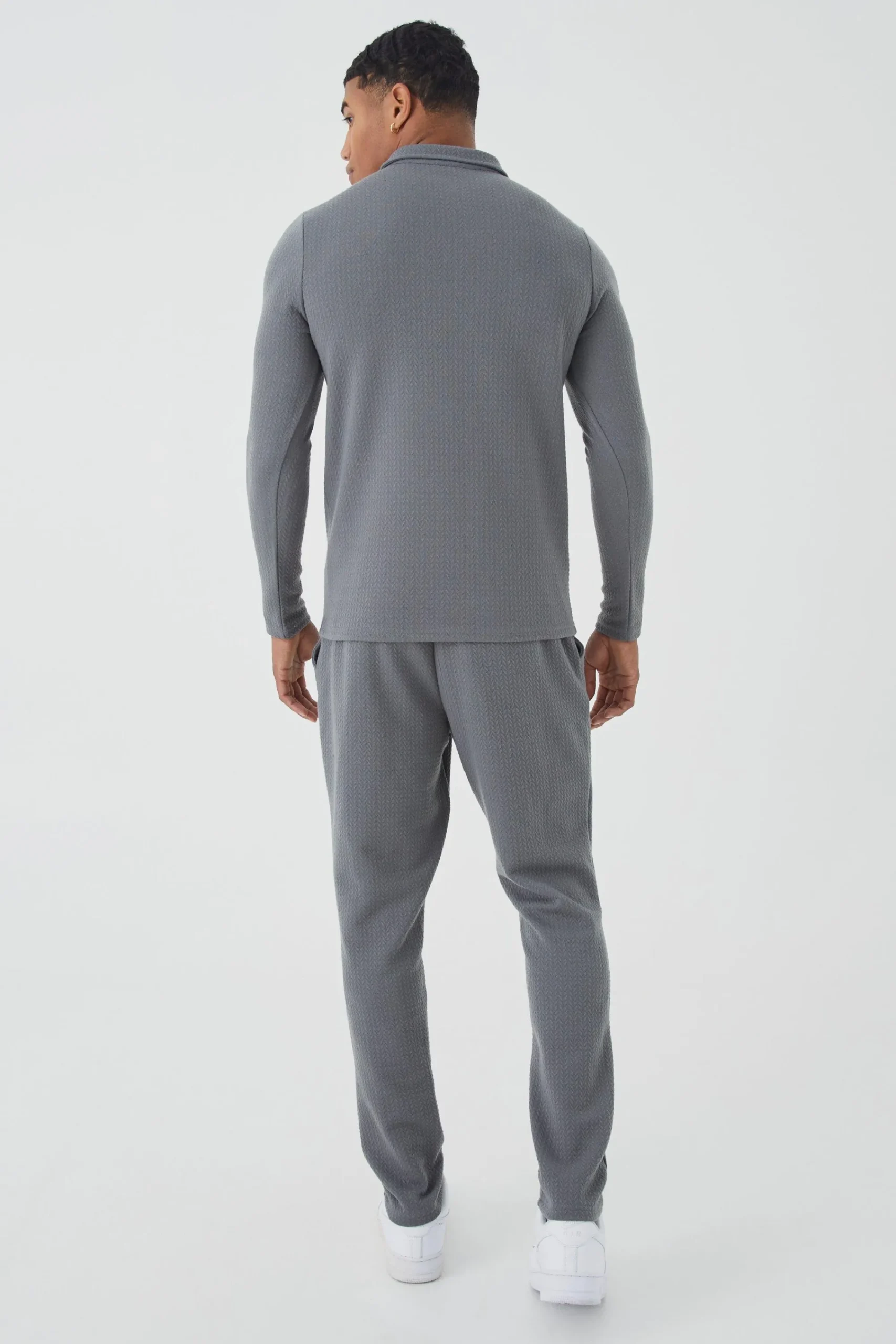 boohooMAN Slim Long Sleeve Jacquard Polo & Jogger Set | UK| Tracksuits