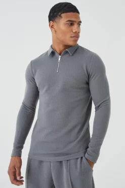 boohooMAN Slim Long Sleeve Jacquard Polo & Jogger Set | UK| Tracksuits