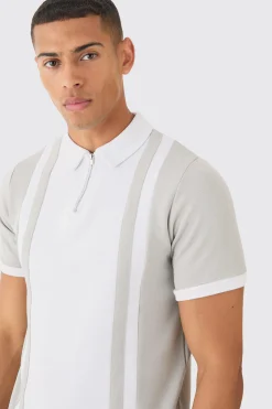 Slim Panelled Zip Neck Interlock Polo | UK^boohooMAN Best