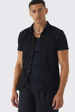 boohooMAN Slim Revere Short Sleeve Textured Shirt | UK| Shirts