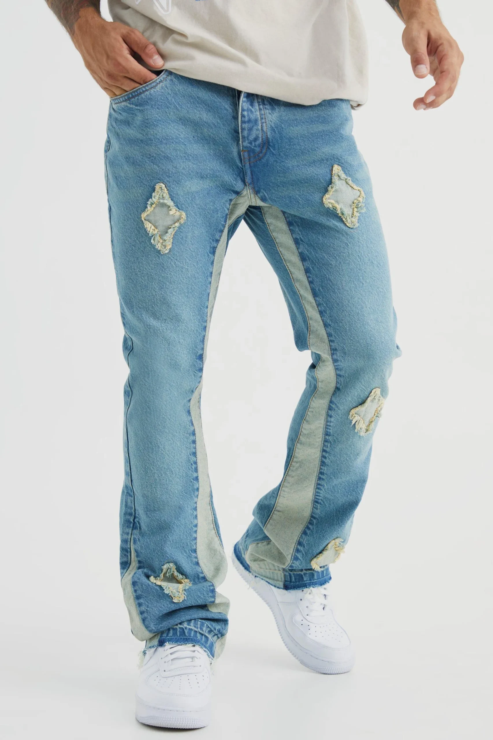 boohooMAN Slim Rigid Flare Applique Panel Jeans | UK| Trousers|Jeans