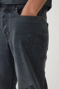 boohooMAN Slim Rigid Flare Cross Embroidered Jeans | UK| Trousers|Jeans
