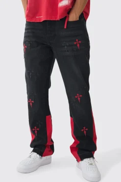 boohooMAN Slim Rigid Flare Cross Pu Applique Washed Jeans | UK| Trousers|Jeans